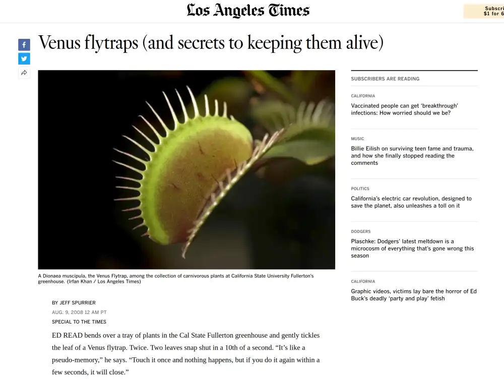 Los Angeles Times venus flytrap story screenshot